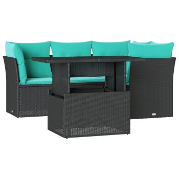 5-teiliges Gartensofa-Set mit Kissen, schwarzes Polyrattan