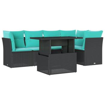 6-teiliges Gartensofa-Set mit Kissen, schwarzes Polyrattan