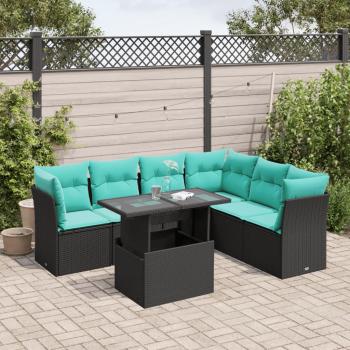 ARDEBO.de - 7-teiliges Gartensofa-Set mit Kissen, schwarzes Polyrattan