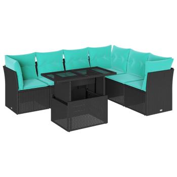 7-teiliges Gartensofa-Set mit Kissen, schwarzes Polyrattan