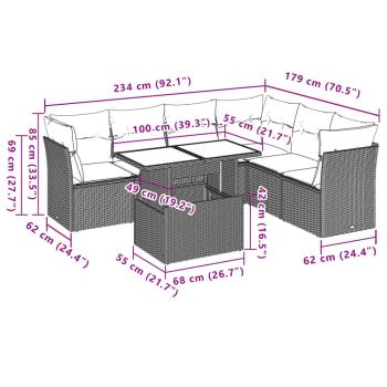 7-teiliges Gartensofa-Set mit Kissen, grau, Polyrattan