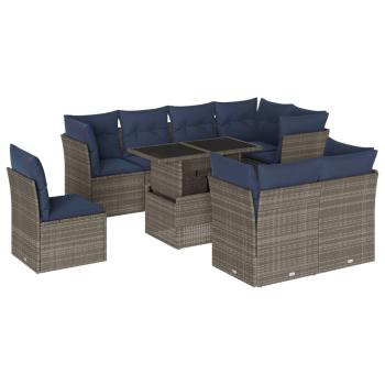 9-teiliges Gartensofa-Set mit Kissen, grau, Polyrattan