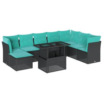 9-teiliges Gartensofa-Set mit Kissen, schwarzes Polyrattan