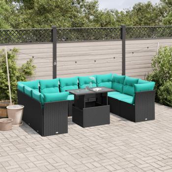 ARDEBO.de - 10-teiliges Gartensofa-Set mit Kissen, schwarzes Polyrattan