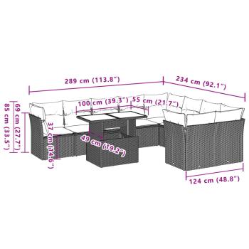 10-teiliges Gartensofa-Set mit Kissen, schwarzes Polyrattan