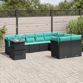 ARDEBO.de - 10-teiliges Gartensofa-Set mit Kissen, schwarzes Polyrattan