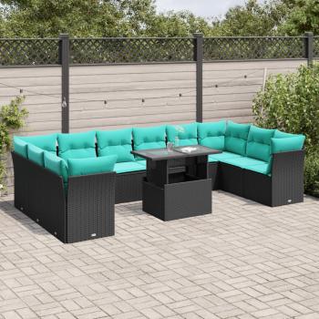 ARDEBO.de - 11-teiliges Gartensofa-Set mit Kissen, schwarzes Polyrattan