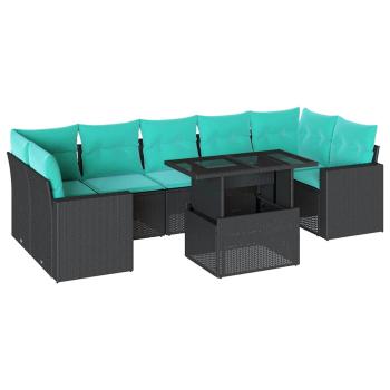 8-teiliges Gartensofa-Set mit Kissen, schwarzes Polyrattan