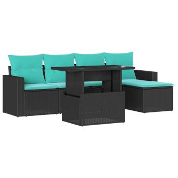 6-teiliges Gartensofa-Set mit Kissen, schwarzes Polyrattan