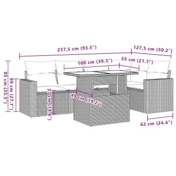 6-teiliges Gartensofa-Set mit Kissen, grau, Polyrattan