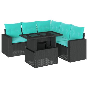 6-teiliges Gartensofa-Set mit Kissen, schwarzes Polyrattan