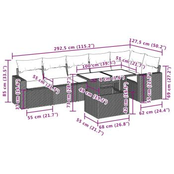 7-teiliges Gartensofa-Set mit Kissen, schwarzes Polyrattan