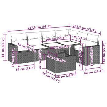 7-teiliges Gartensofa-Set mit Kissen, braun, Polyrattan