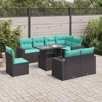 ARDEBO.de - 9-teiliges Gartensofa-Set mit Kissen, schwarzes Polyrattan