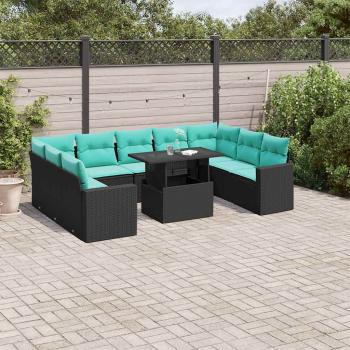ARDEBO.de - 10-teiliges Gartensofa-Set mit Kissen, schwarzes Polyrattan