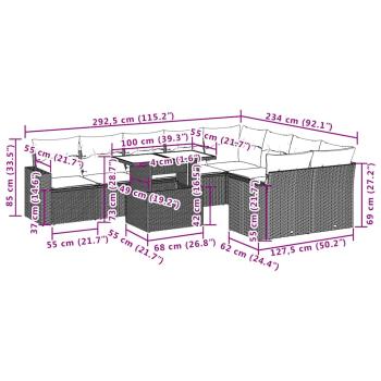 10-teiliges Gartensofa-Set mit Kissen, schwarzes Polyrattan