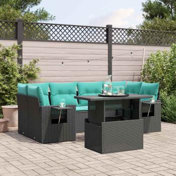 ARDEBO.de - 7-teiliges Gartensofa-Set mit Kissen, schwarzes Polyrattan