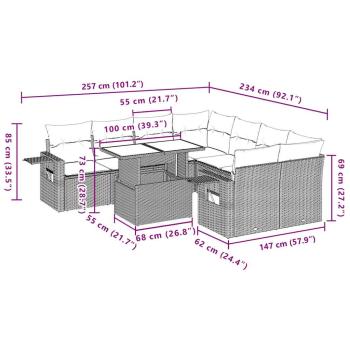9-teiliges Gartensofa-Set mit Kissen, grau, Polyrattan