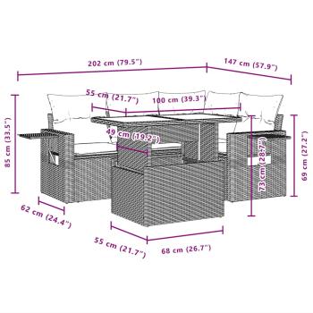 5-teiliges Gartensofa-Set mit Kissen, schwarzes Polyrattan