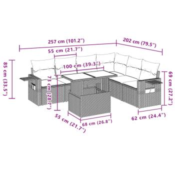 7-teiliges Gartensofa-Set mit Kissen, schwarzes Polyrattan