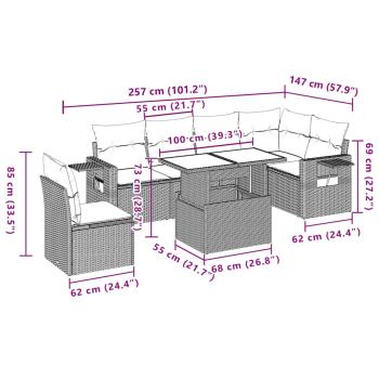 7-teiliges Gartensofa-Set mit Kissen, schwarzes Polyrattan