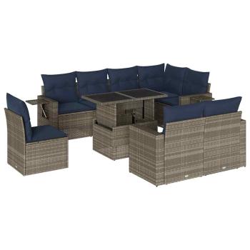 9-teiliges Gartensofa-Set mit Kissen, grau, Polyrattan