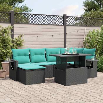 ARDEBO.de - 7-teiliges Gartensofa-Set mit Kissen, schwarzes Polyrattan