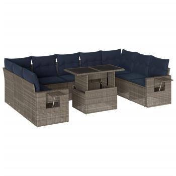 10-teiliges Gartensofa-Set mit Kissen, grau, Polyrattan