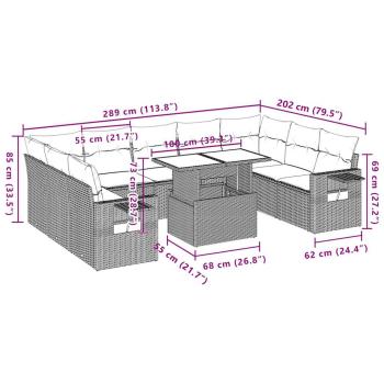 10-teiliges Gartensofa-Set mit Kissen, grau, Polyrattan