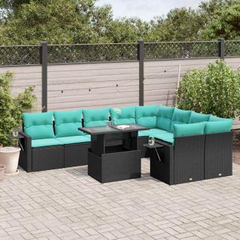 ARDEBO.de - 10-teiliges Gartensofa-Set mit Kissen, schwarzes Polyrattan