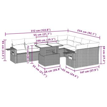 10-teiliges Gartensofa-Set mit Kissen, schwarzes Polyrattan