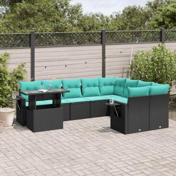 ARDEBO.de - 10-teiliges Gartensofa-Set mit Kissen, schwarzes Polyrattan