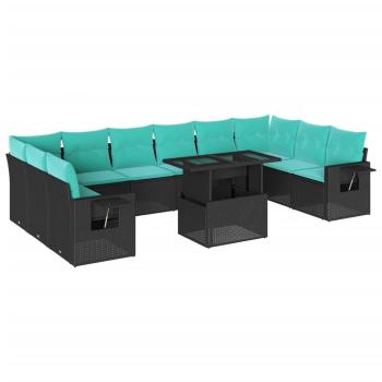 11-teiliges Gartensofa-Set mit Kissen, schwarzes Polyrattan