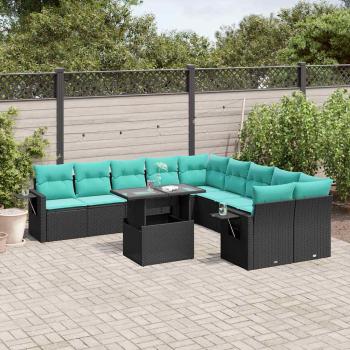 ARDEBO.de - 11-teiliges Gartensofa-Set mit Kissen, schwarzes Polyrattan
