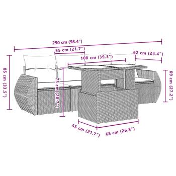 5-teiliges Gartensofa-Set mit Kissen, schwarzes Polyrattan