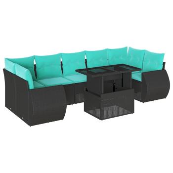 8-teiliges Gartensofa-Set mit Kissen, schwarzes Polyrattan