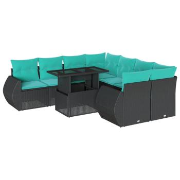 9-teiliges Gartensofa-Set mit Kissen, schwarzes Polyrattan
