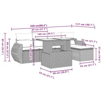 6-teiliges Gartensofa-Set mit Kissen, schwarzes Polyrattan
