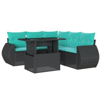 6-teiliges Gartensofa-Set mit Kissen, schwarzes Polyrattan