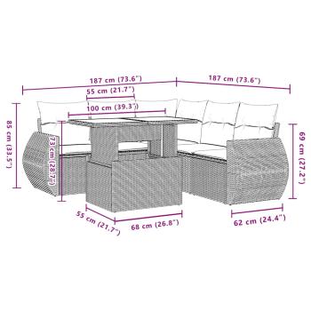 6-teiliges Gartensofa-Set mit Kissen, schwarzes Polyrattan