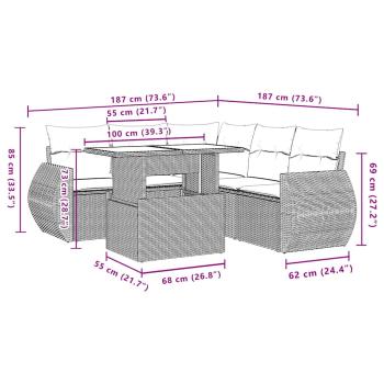 6-teiliges Gartensofa-Set mit Kissen, grau, Polyrattan