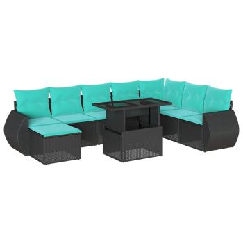 9-teiliges Gartensofa-Set mit Kissen, schwarzes Polyrattan