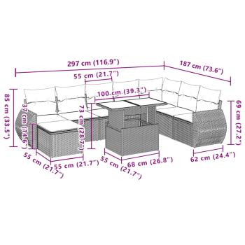 9-teiliges Gartensofa-Set mit Kissen, schwarzes Polyrattan