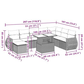 9-teiliges Gartensofa-Set mit Kissen, grau, Polyrattan