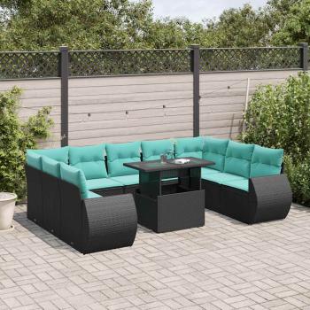 ARDEBO.de - 10-teiliges Gartensofa-Set mit Kissen, schwarzes Polyrattan