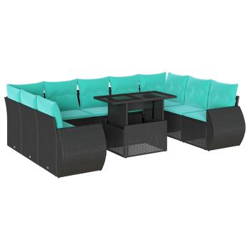 10-teiliges Gartensofa-Set mit Kissen, schwarzes Polyrattan