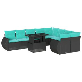 10-teiliges Gartensofa-Set mit Kissen, schwarzes Polyrattan