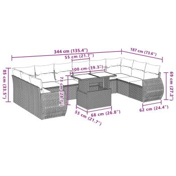 11-teiliges Gartensofa-Set mit Kissen, schwarzes Polyrattan