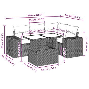 5-teiliges Gartensofa-Set mit Kissen, schwarzes Polyrattan