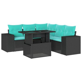 6-teiliges Gartensofa-Set mit Kissen, schwarzes Polyrattan